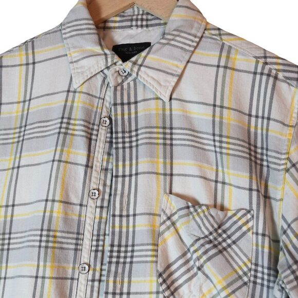 Rag & Bone Fit 3 Regular Fit Beach Shirt Plaid Ivory Grey Yellow Men's Small - Picture 7 of 10